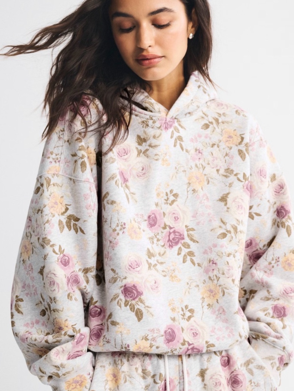 NWT Abercrombie &Fitch Floral Hooded Sweatshirt Light Gray W Dusty Rose Medium